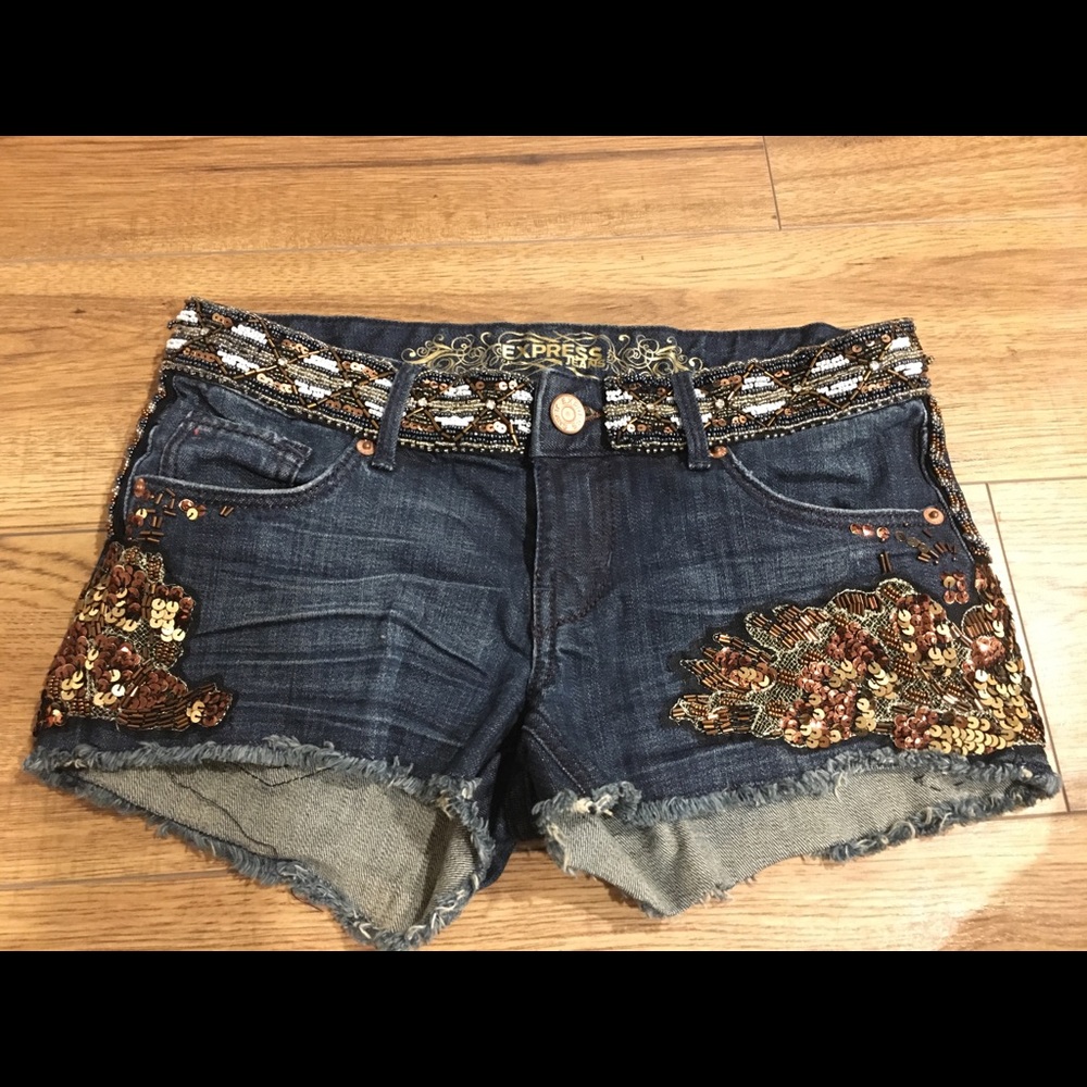 EXPRESS embellished denim shorts sequin and beads